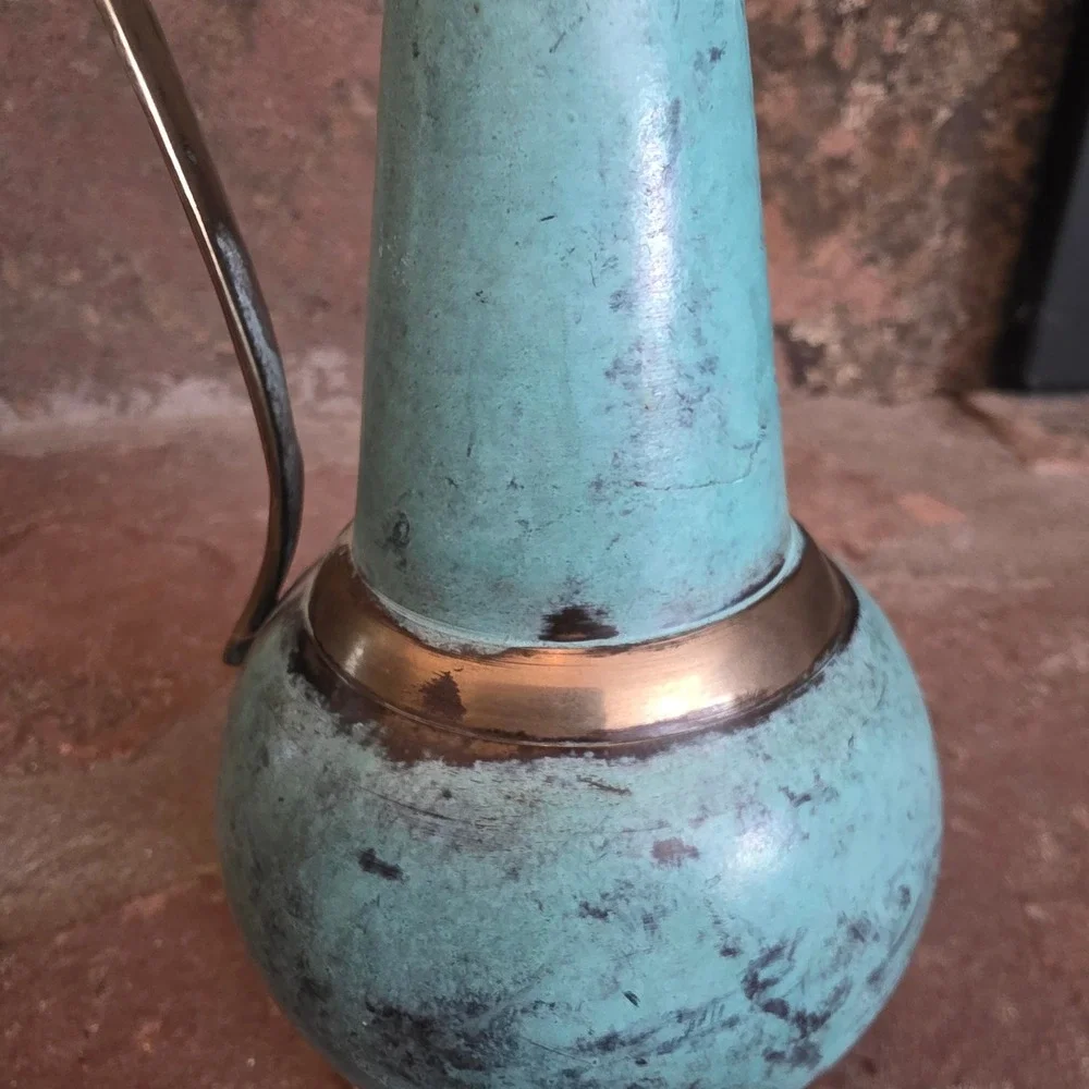 Vintage Brass Turquoise Verdigris Pitcher Bud Vase Decorative Handle 11